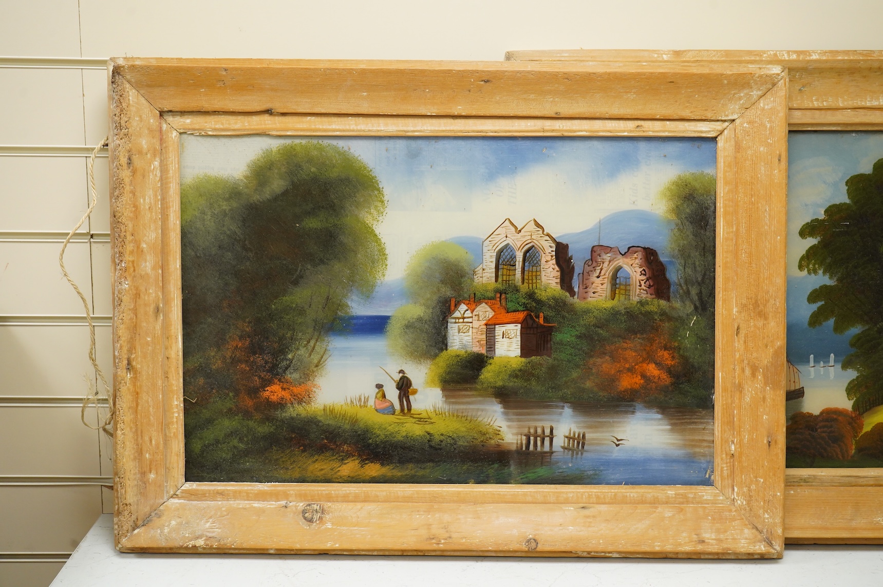 Victorian School, set of three reverse glass painted panels, Riverscapes, 38 x 59cm